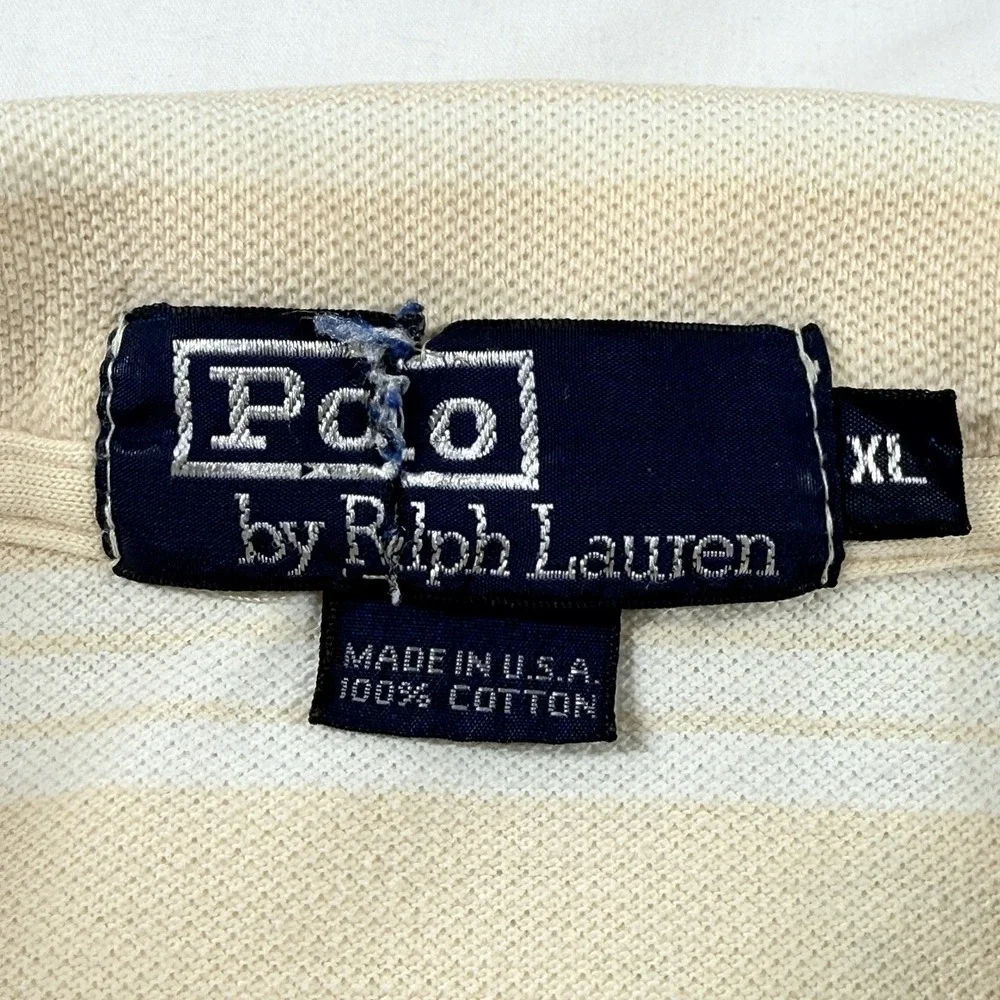 Vintage Polo Ralph Lauren Stripe Polo Shirt Mens XL Pocket USA Beige Cotton
